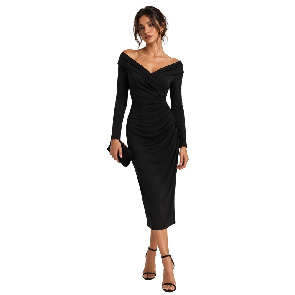 La Femme Dress Size 6 Black Off the Shoulder Ruched Long Sleeve Midi Bodycon LBD